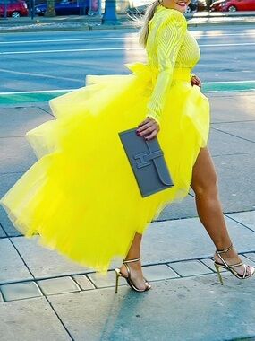 Bright Yellow sequin Dress with Tulle High-Low Skirt - Women